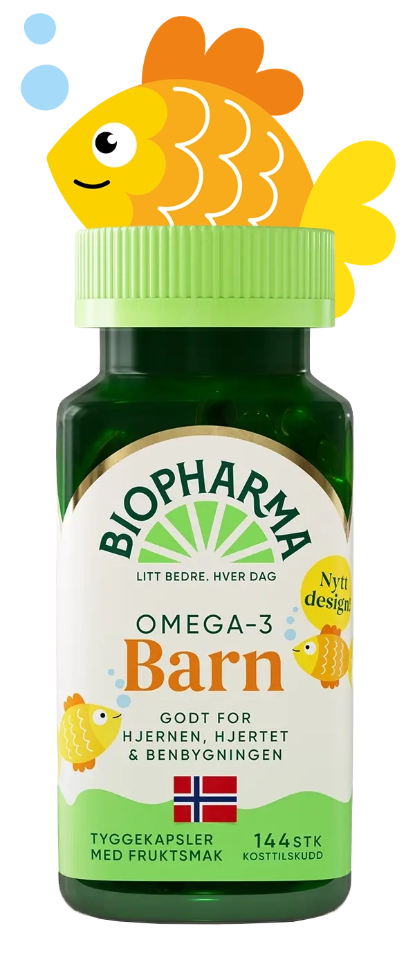 Biopharma Omega-3 for barn med illustration av fisken Fix